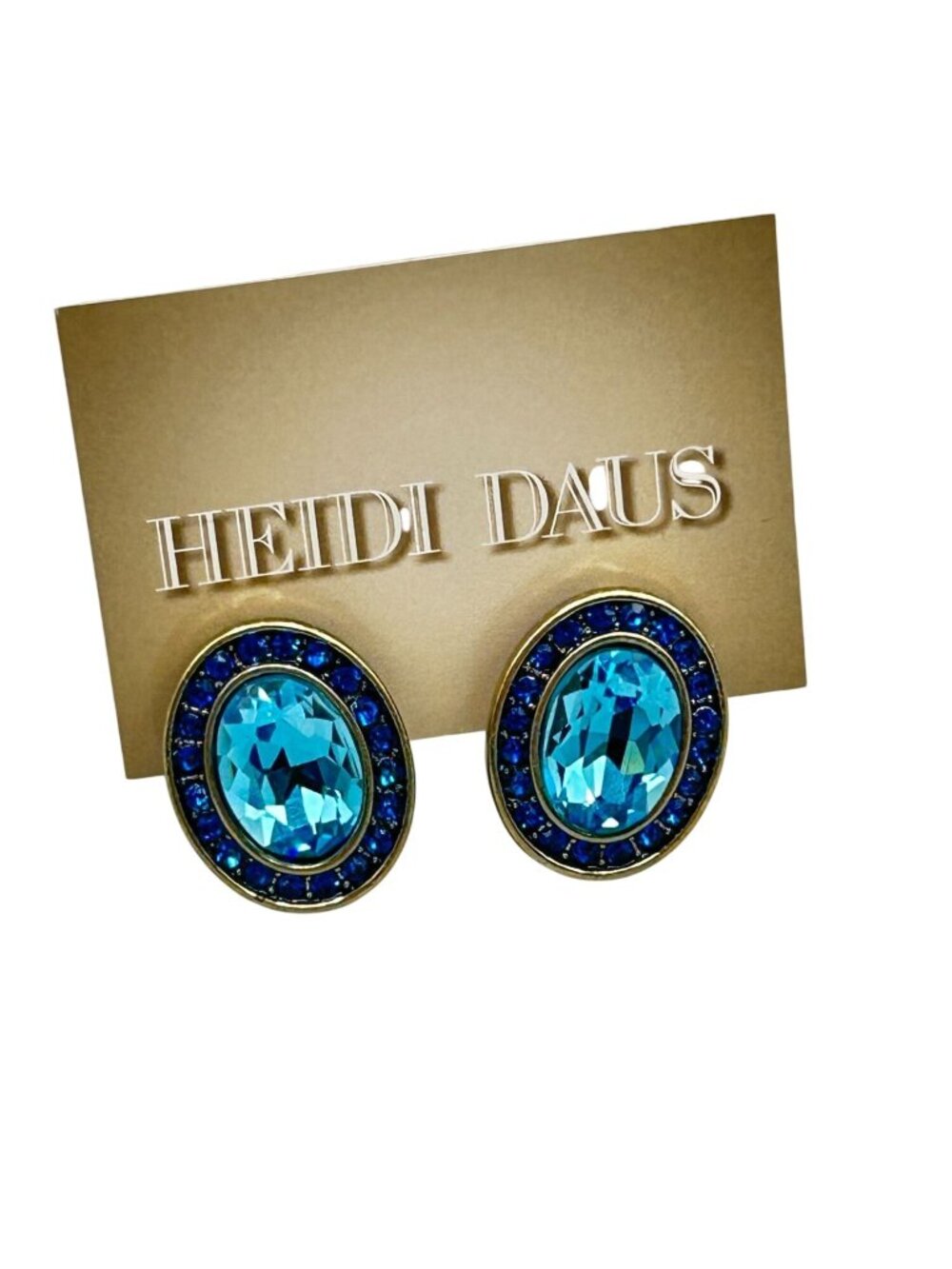Vintage Heidi Daus Gold-Tone Clip-On Earrings Large Oval Blue Crystals